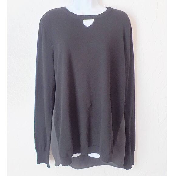 ONE A Women Large Black Top Knit Front Rayon Back Keyhole Long Sleeve Hi-LowHem - Picture 2 of 10